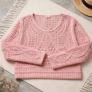 POL ONE SIZE Pink Crochet Knit Open Weave Crop Sweater Long Sleeve V Neck